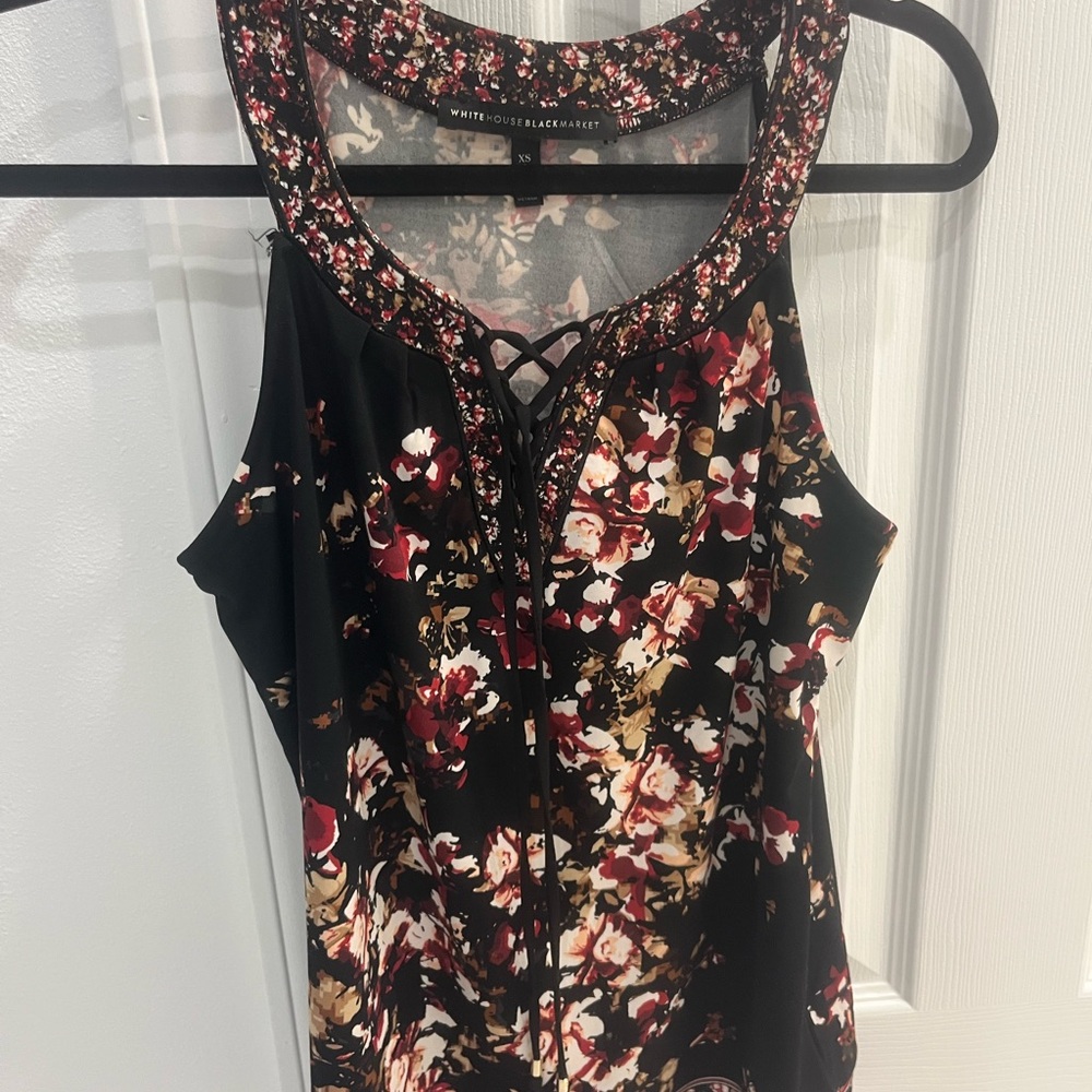 White House Black Market Black and Pink Tie Front Tank Top
